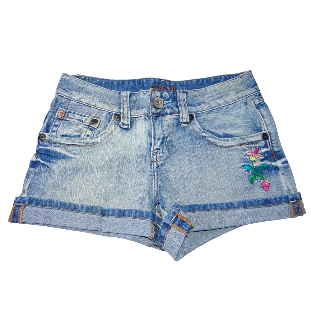 Y2K Vintage ZANADI Denim Shorts Distressed Floral Embroidered Cuffed Blue Sz 9